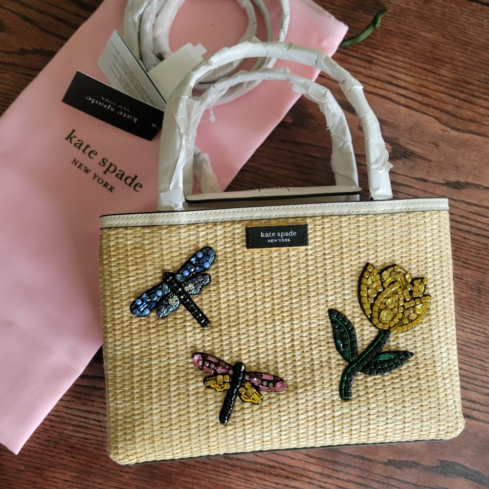 Kate Spade Purse Sam Icon Dragonfly Embellished Straw Small Tote KB285